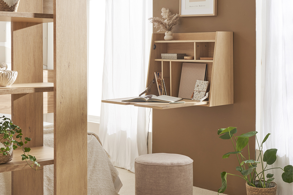 Bureau mural avec rangements scandinave bois clair ch�ne L78 cm GABIN
