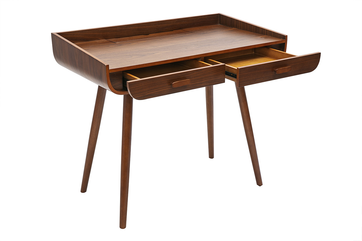 Bureau scandinave bois fonc� avec rangements 2 tiroirs L100 cm HALLEN
