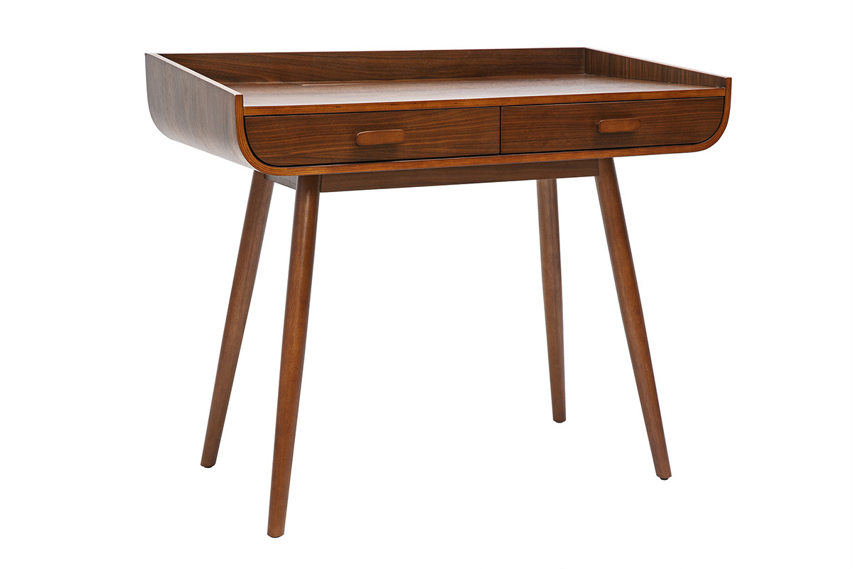Bureau scandinave bois fonc� avec rangements 2 tiroirs L100 cm HALLEN