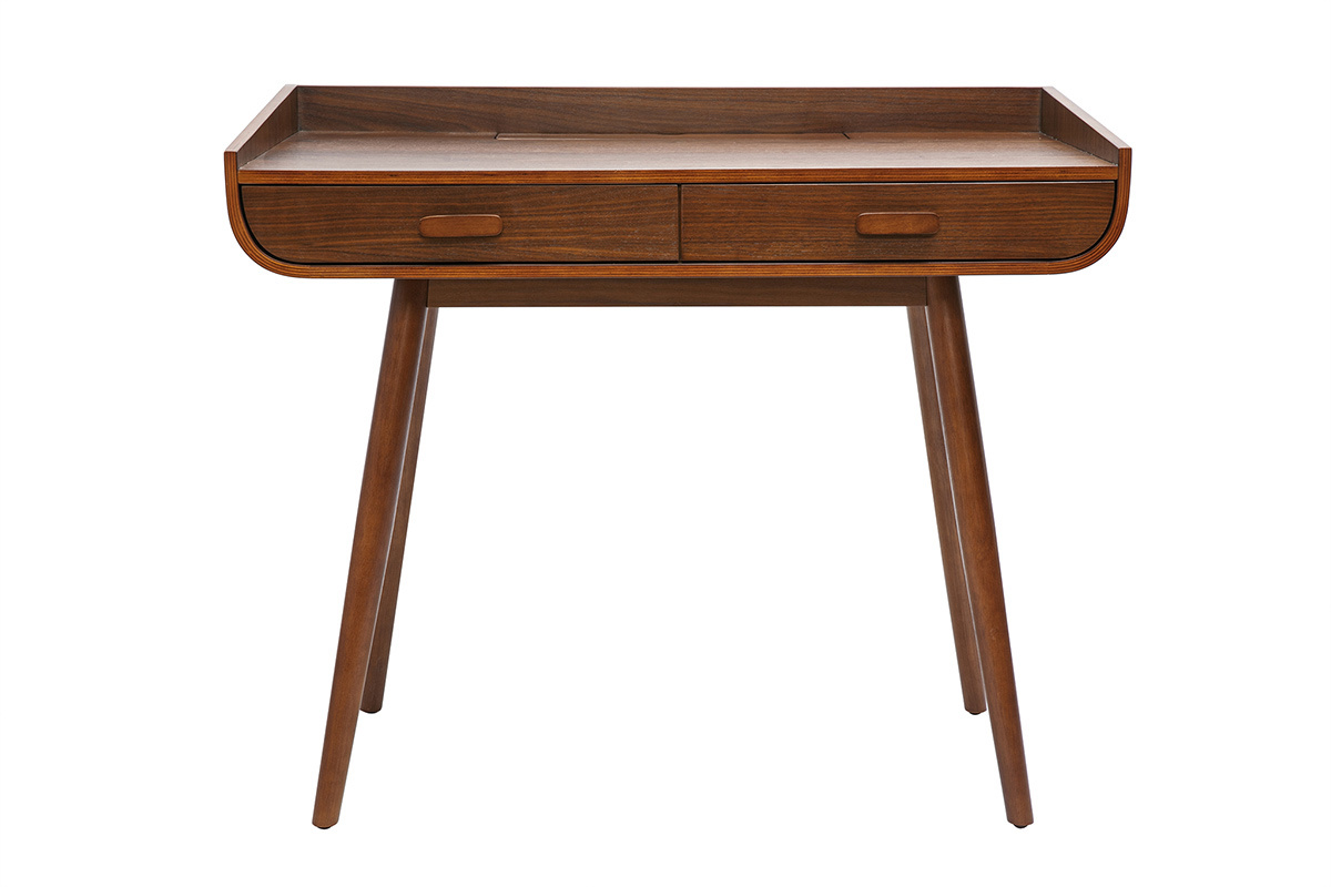 Bureau scandinave bois fonc� avec rangements 2 tiroirs L100 cm HALLEN