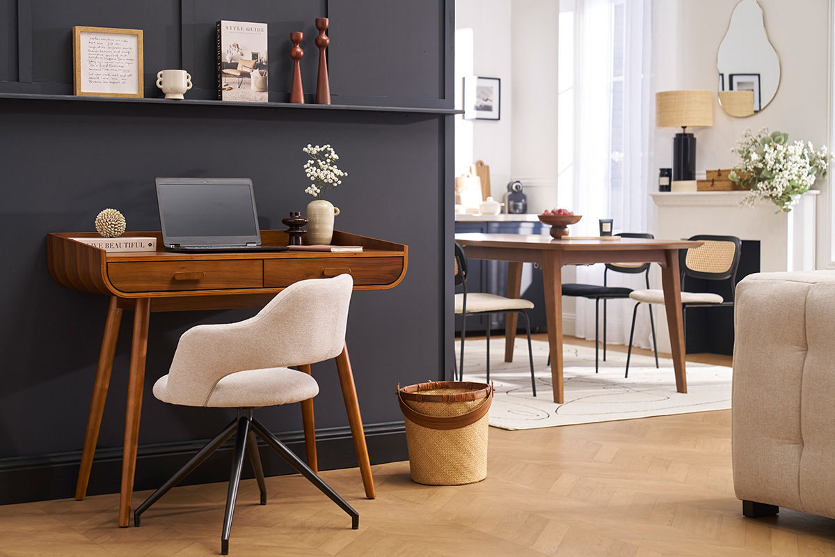 Bureau scandinave bois fonc� avec rangements 2 tiroirs L100 cm HALLEN