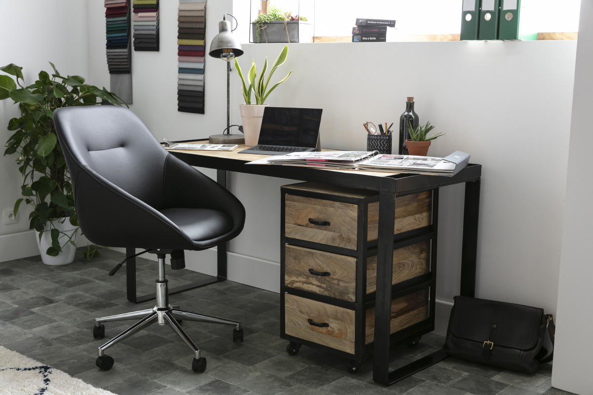 Caisson de bureau � roulettes 3 tiroirs industriel bois massif et m�tal noir INDUSTRIA