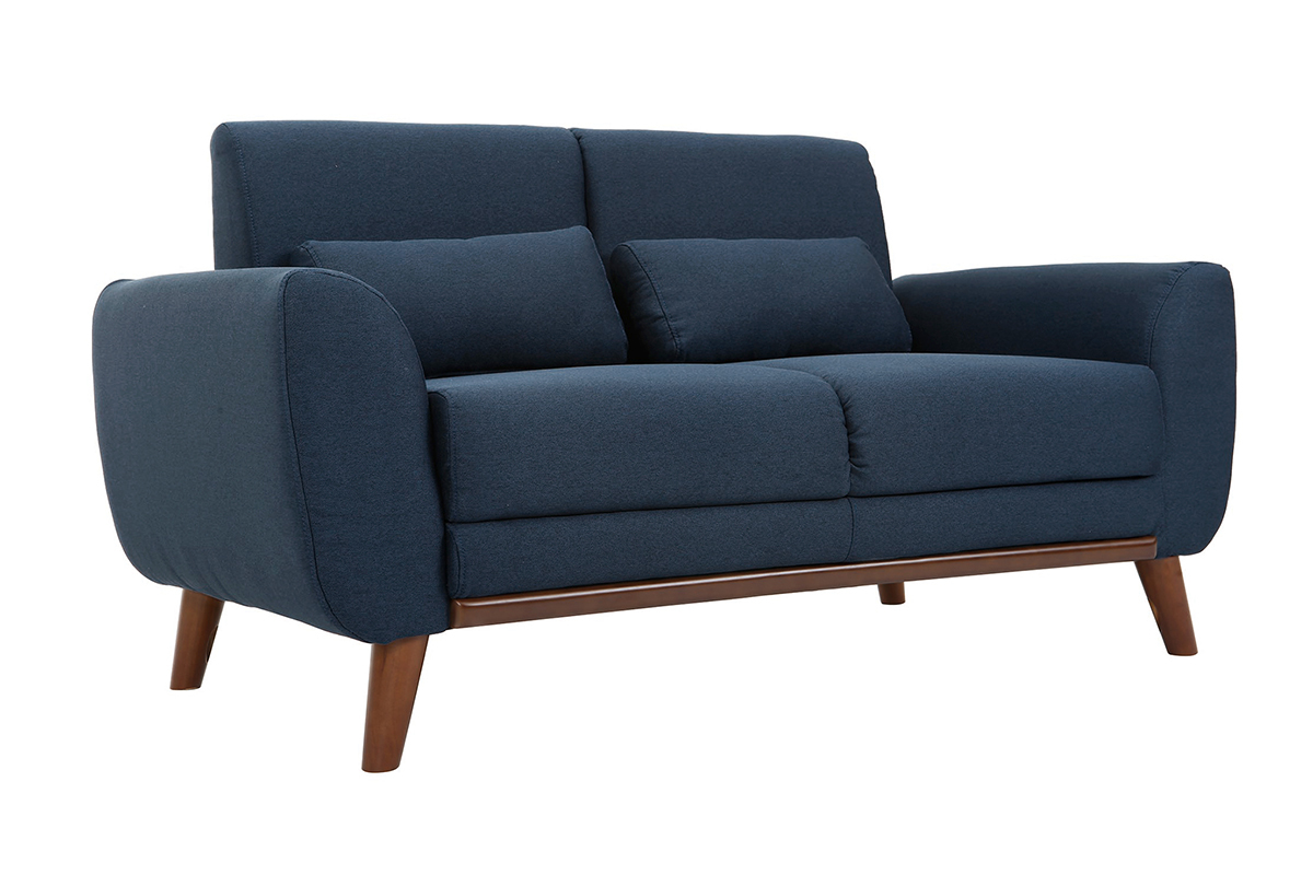 Canap� 2 places en tissu bleu fonc� et bois fonc� EKTOR