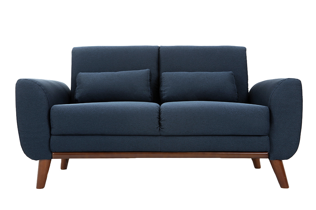 Canap� 2 places en tissu bleu fonc� et bois fonc� EKTOR