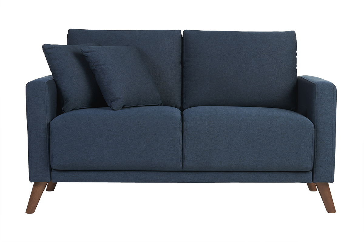Canap� 2 places en tissu bleu fonc� et bois fonc� MUNIK
