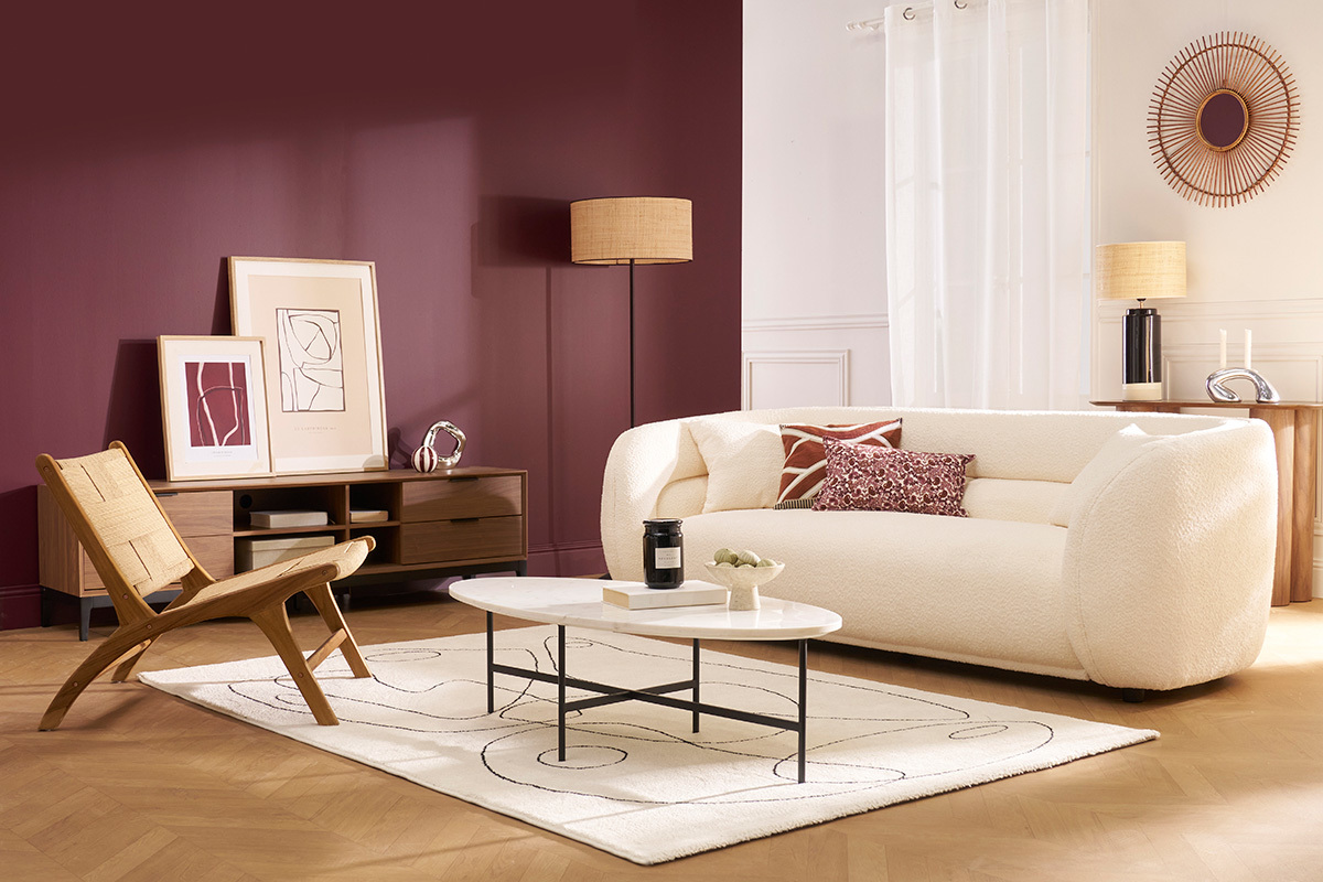 Canap� 3-4 places en tissu bouclette blanc cass� MOCHI