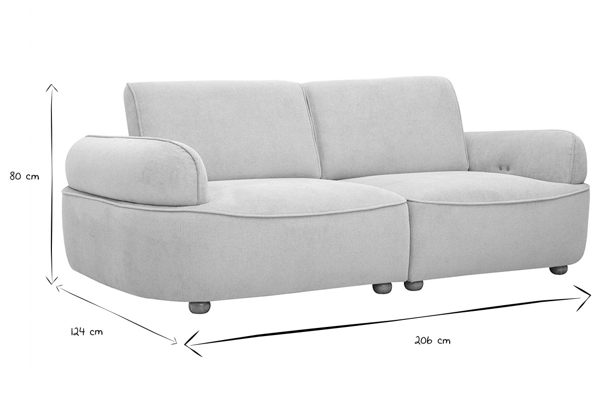 Dimensions du canap� 3 places OTIS : 206 cm de long, 124 cm de profondeur, 80 cm de hauteur en noir et blanc.