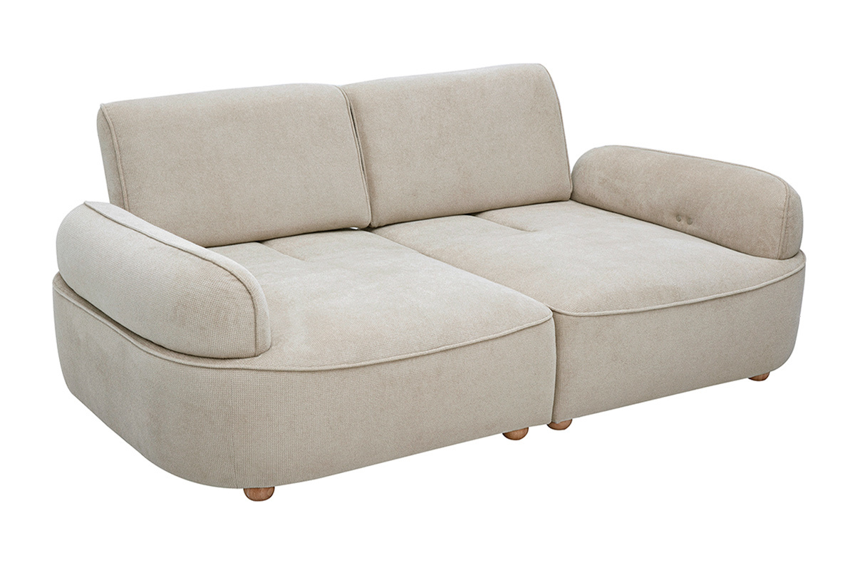 Canap� 3 places �lectrique en tissu chenille beige et bois clair, vue de 3/4