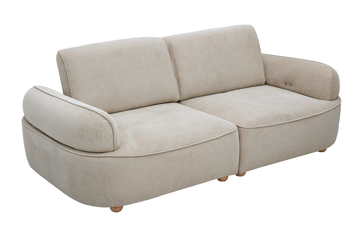 Canap� 3 places �lectrique en tissu chenille beige, vue de 3/4, avec accoudoirs arrondis et pieds en bois clair.