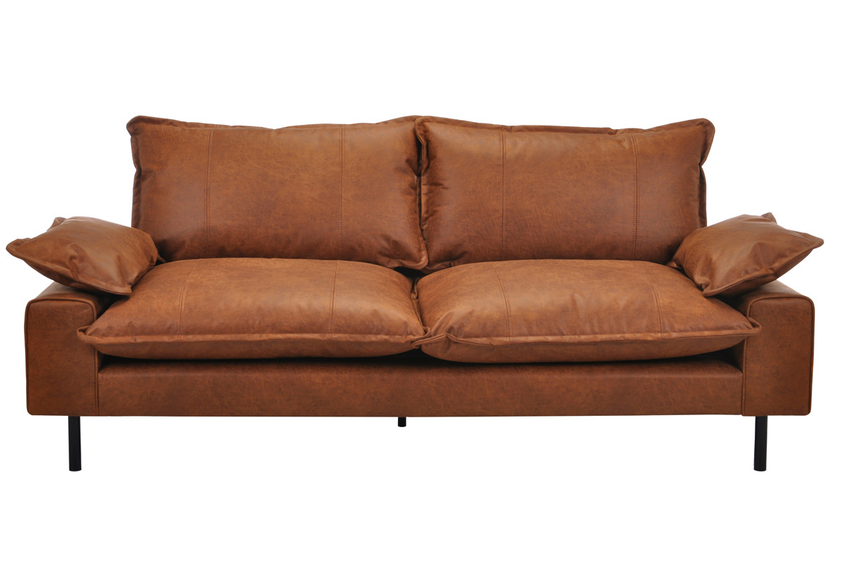 Canap� 3 places en cuir aspect vieilli marron cognac et m�tal noir DORY