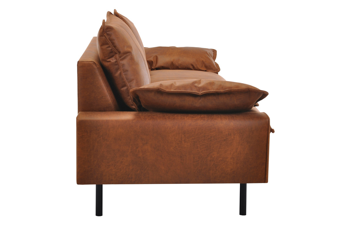 Canap� 3 places en cuir aspect vieilli marron cognac et m�tal noir DORY