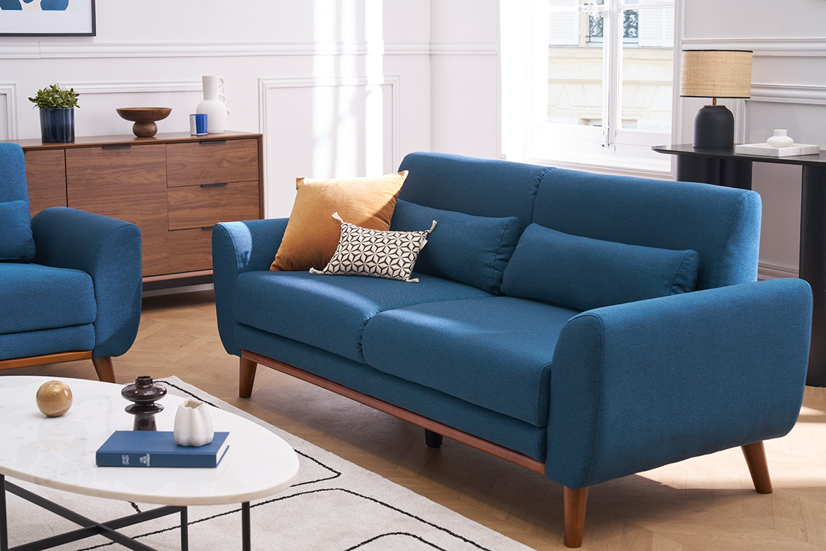 Canap� 3 places en tissu bleu fonc� et bois fonc� EKTOR