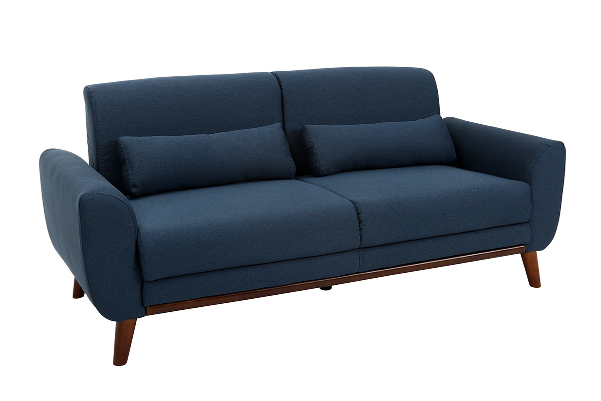 Canap� 3 places en tissu bleu fonc� et bois fonc� EKTOR