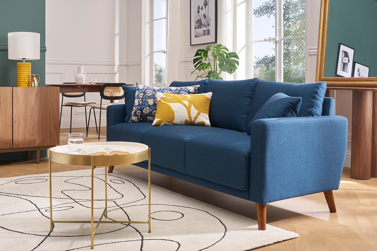 Canap� 3 places en tissu bleu fonc� et bois fonc� MUNIK