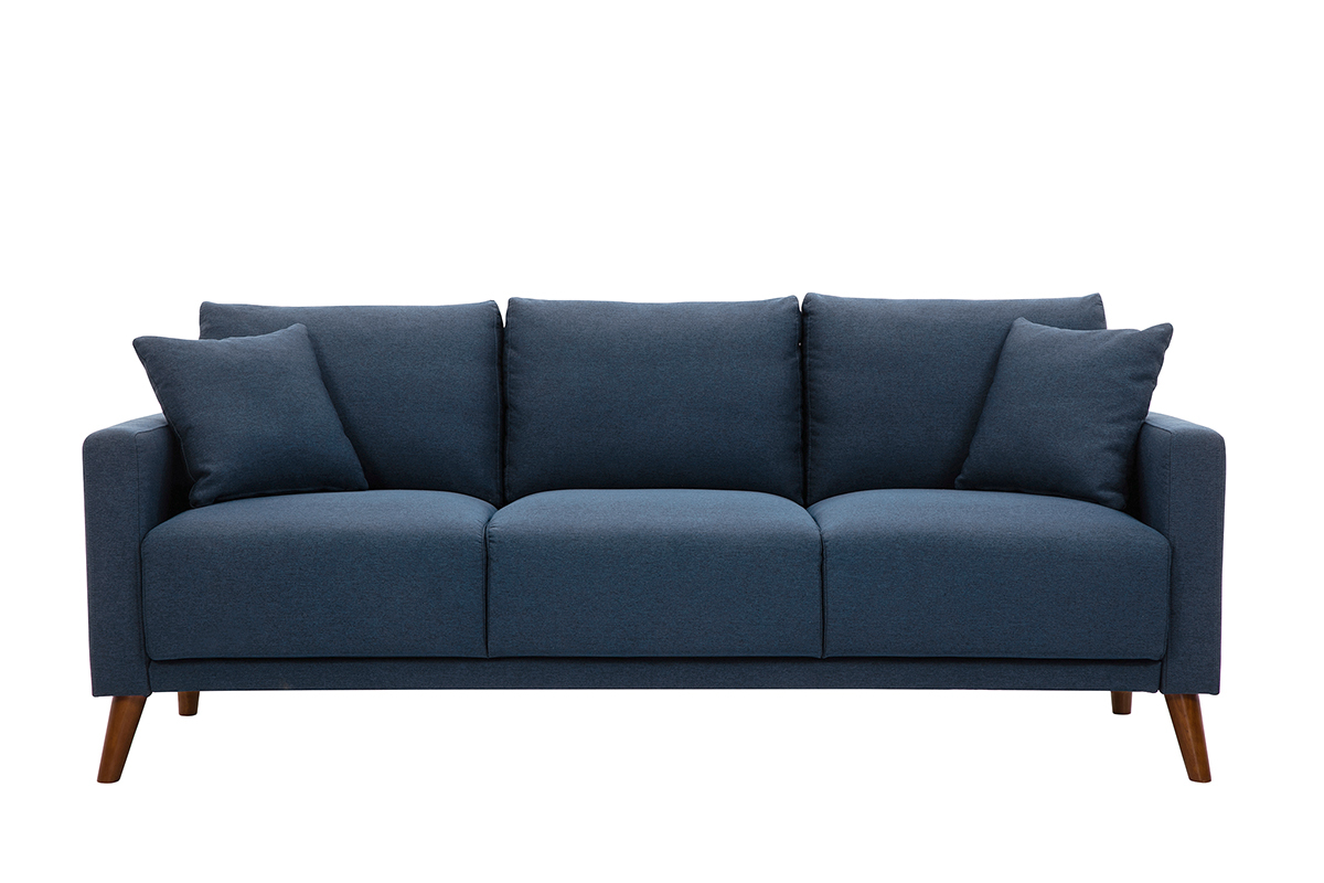 Canap� 3 places en tissu bleu fonc� et bois fonc� MUNIK