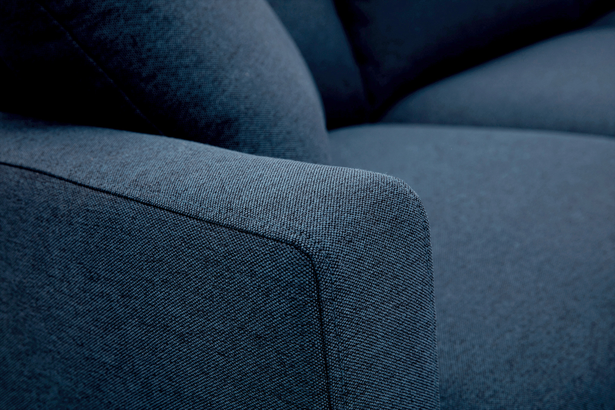 Canap� 3 places en tissu bleu fonc� et bois fonc� MUNIK