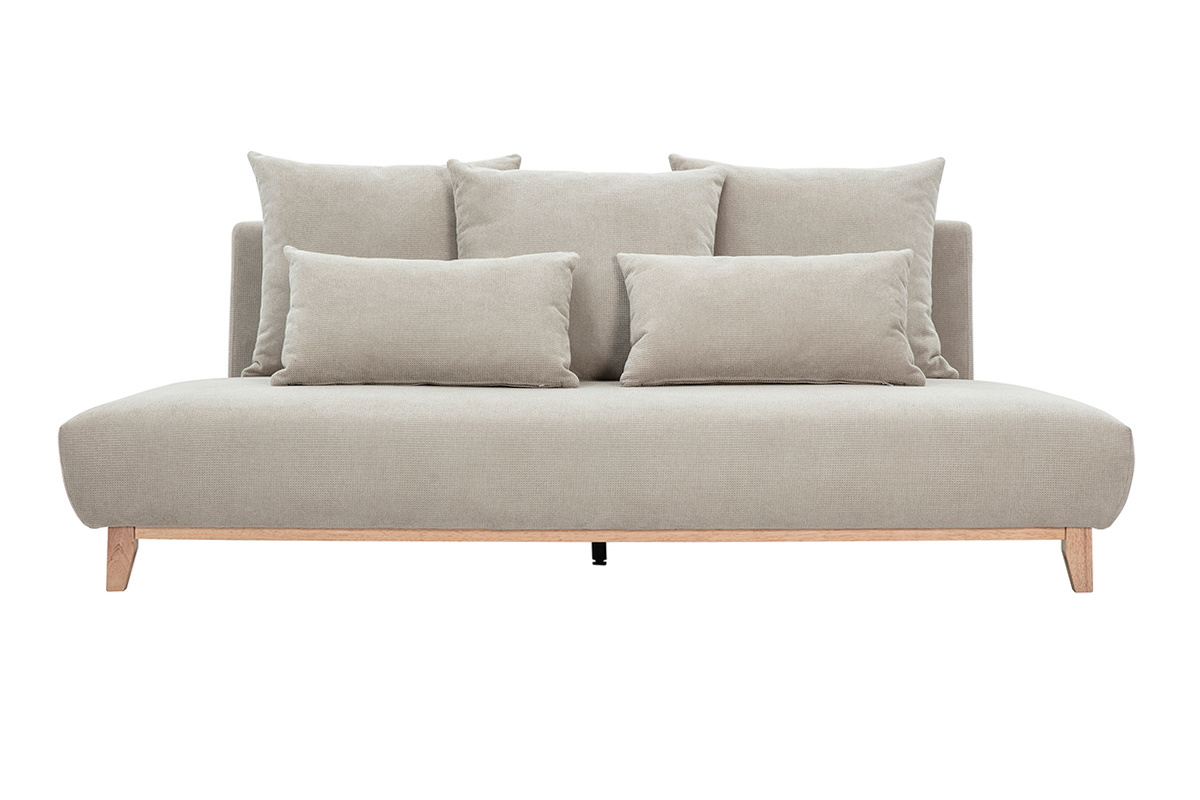Canap� 3 places en tissu chenille beige avec pieds en bois clair, vue de face.