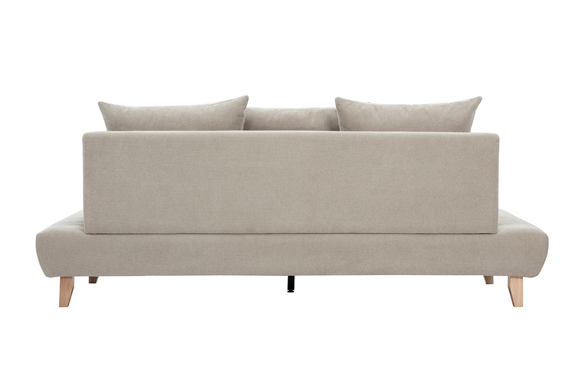 Vue arri�re canap� 3 places beige en tissu chenille avec pieds en bois clair.