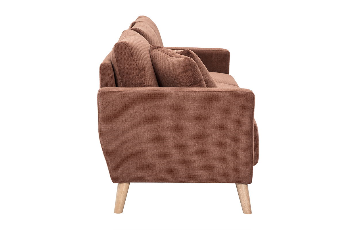 Canap� 3 places en tissu terre br�l�e, vue lat�rale, pieds en bois clair.