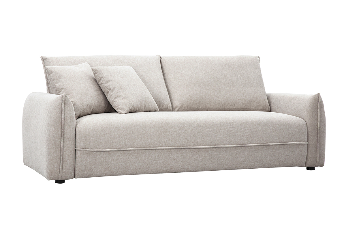 Canap� 3 places en tissu effet velours beige avec coussins, vue de trois quarts.