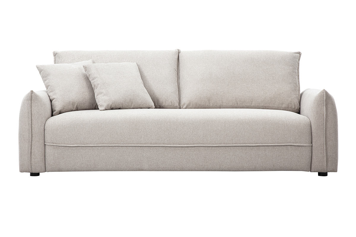 Canap� 3 places beige en tissu effet velours textur� avec deux coussins, vue de face.