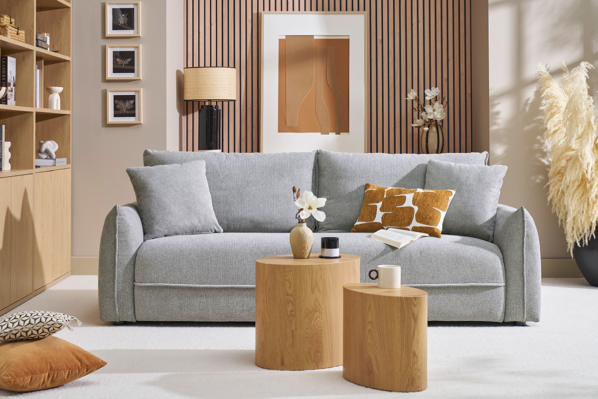 Canap� 3 places en tissu effet velours textur� gris PIO