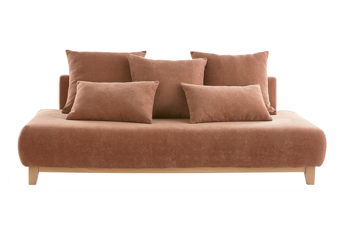 Canap� 3 places en tissu effet velours textur� terre br�l�e et bois clair L200 cm ODEON