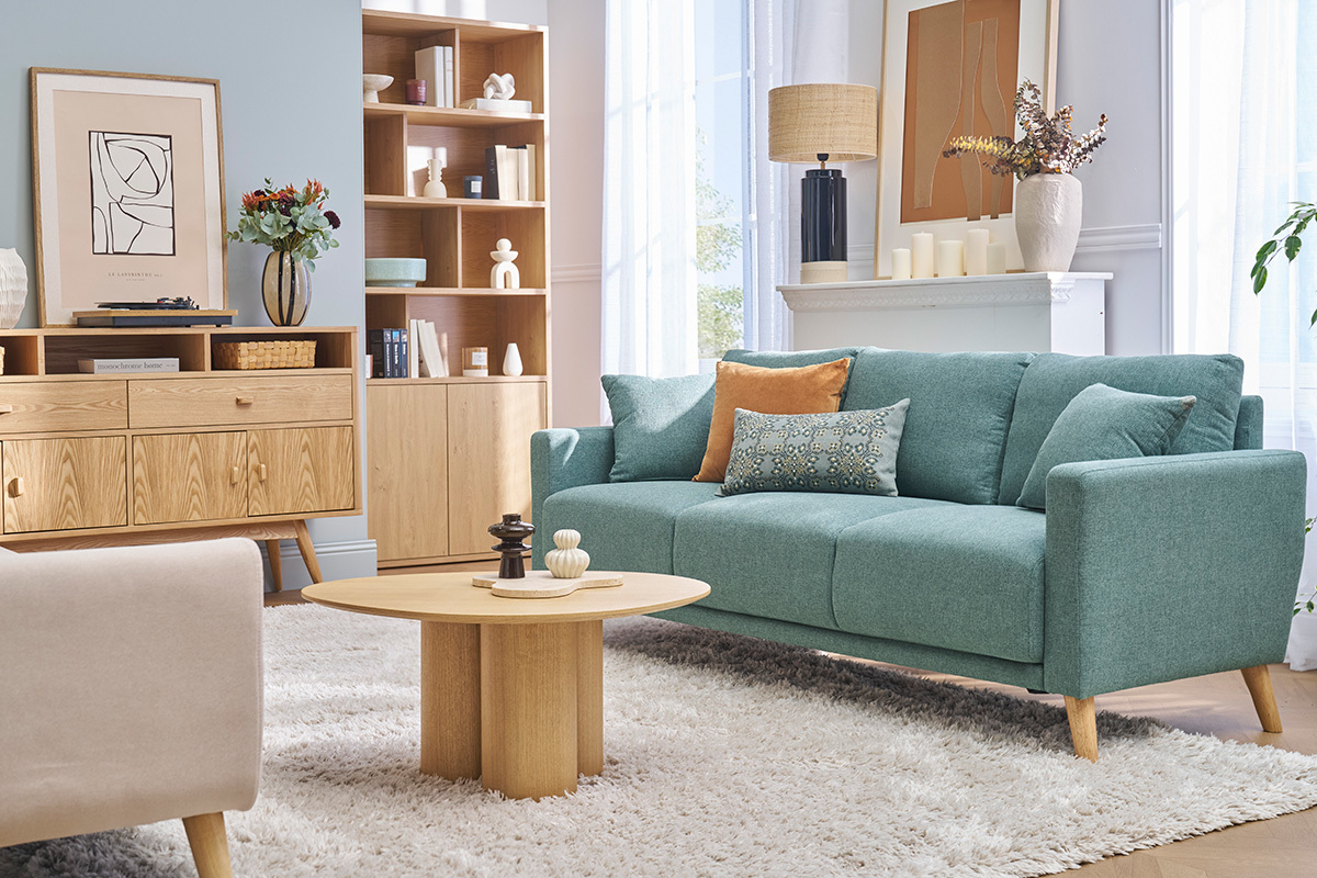 Canap� 3 places en tissu vert de gris et bois clair MUNIK