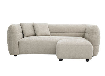 Canap&eacute; 3 places et repose pieds en tissu effet velours textur&eacute; beige JOYA