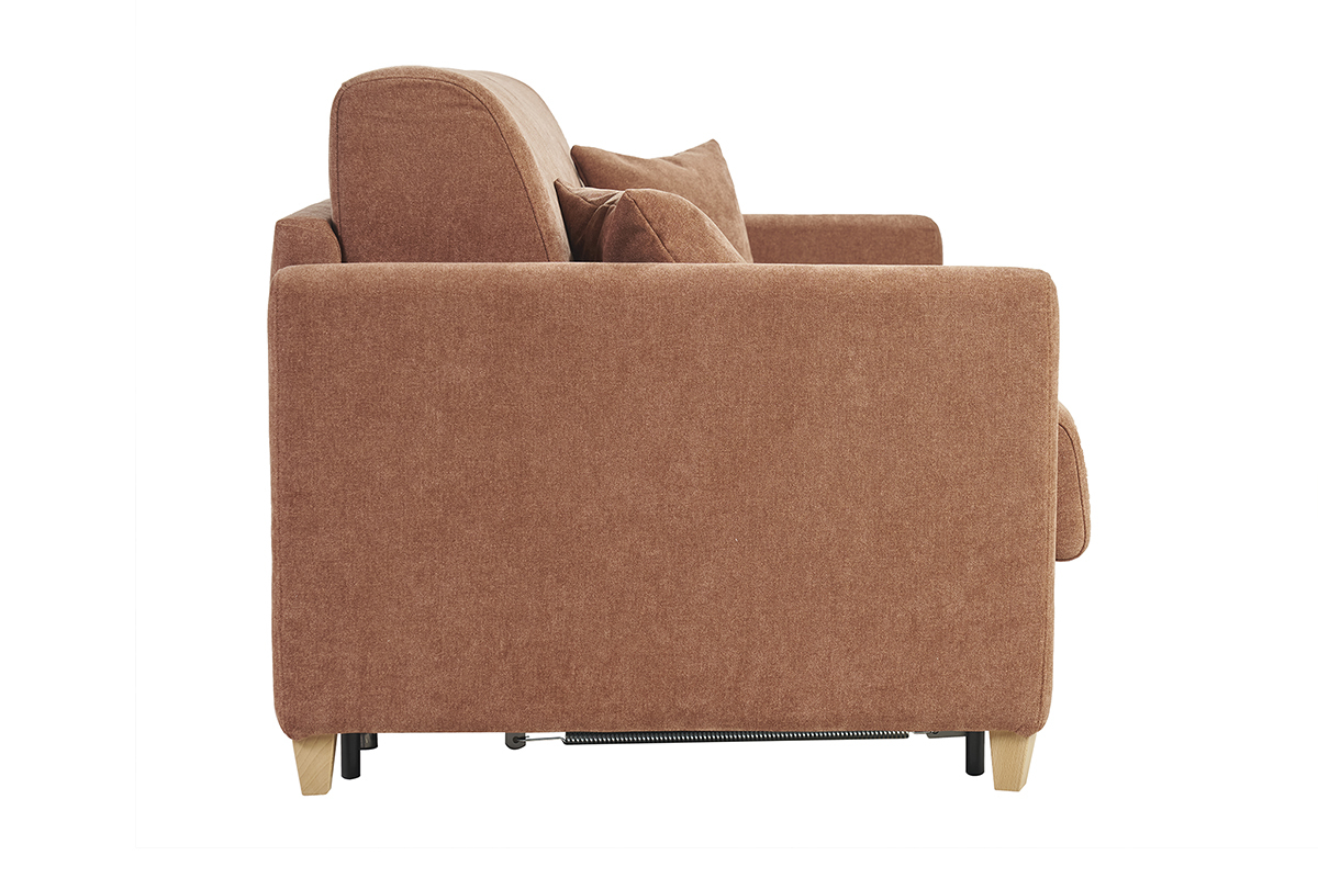 Canap� convertible en tissu velours terre br�l�e, vue de profil, pieds en bois clair.