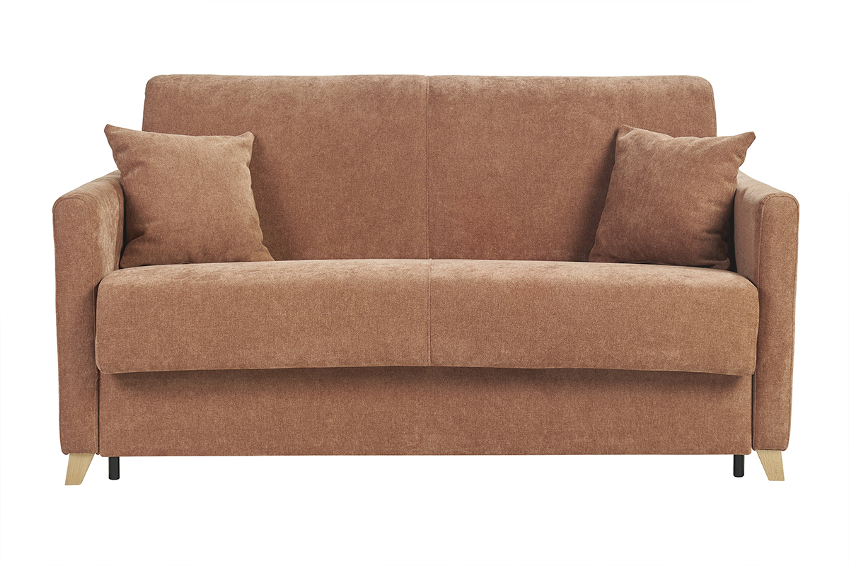 Canap� convertible 2-3 places effet velours terre br�l�e, vue de face.