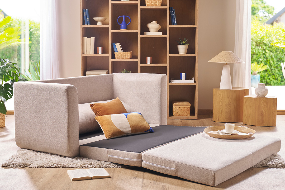 Canap� convertible 2 places en tissu effet velours textur� beige LEON