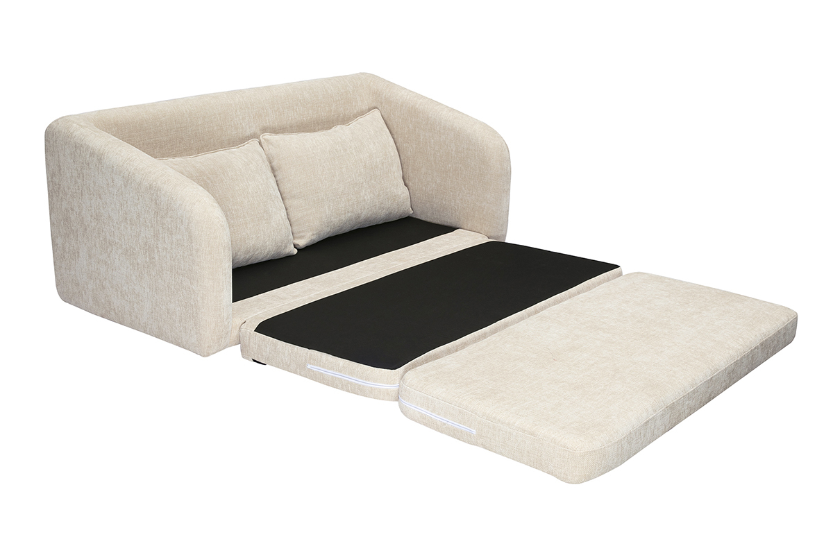 Canap� convertible beige effet velours, ouvert en lit.