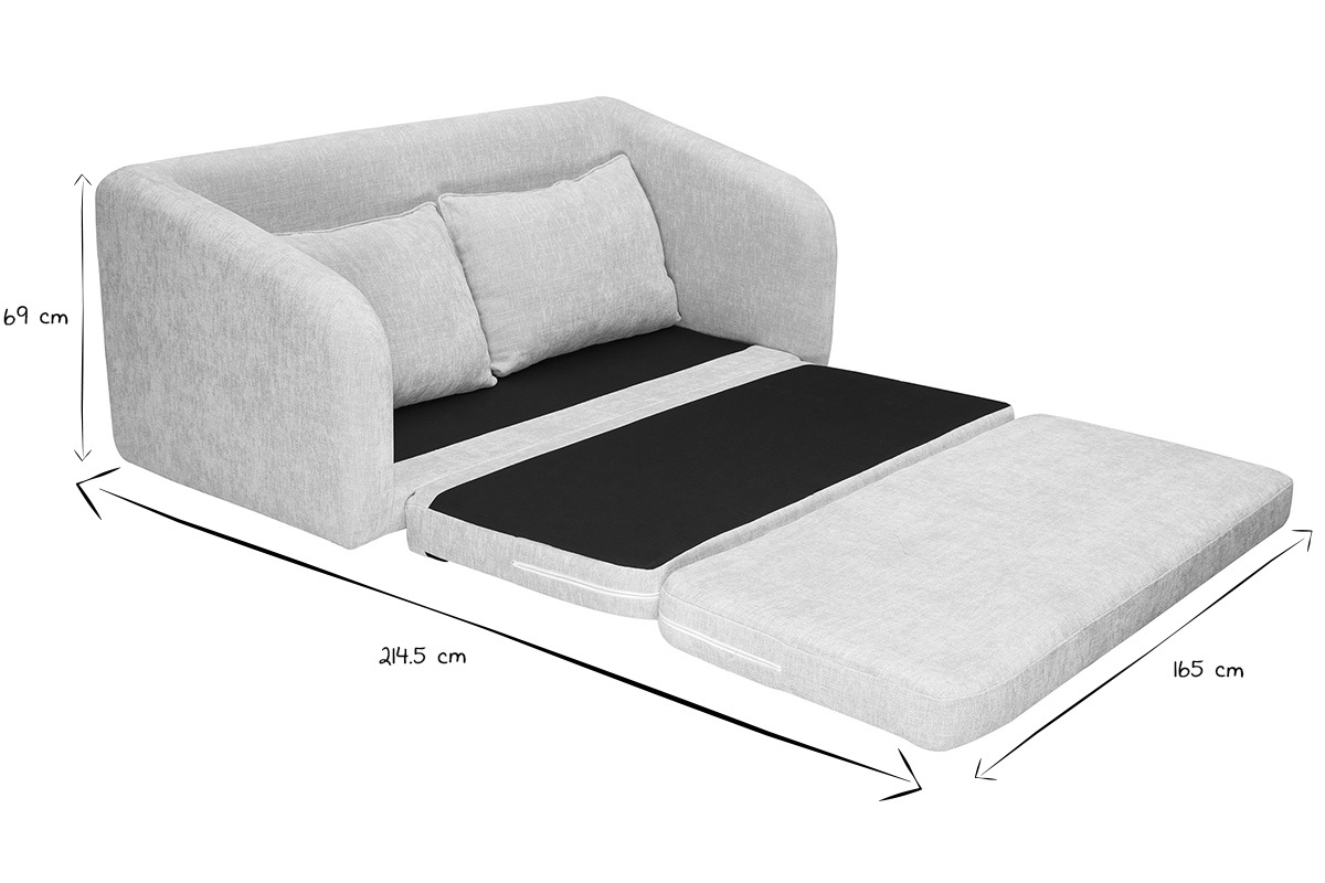 Canap� convertible MAHAUT en position lit, vue de profil avec dimensions illustr�es.