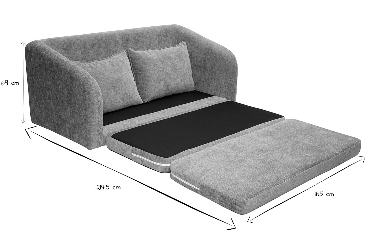 Dimensions canap� convertible 2 places en tissu gris, d�pli� en lit, avec accoudoirs arrondis.