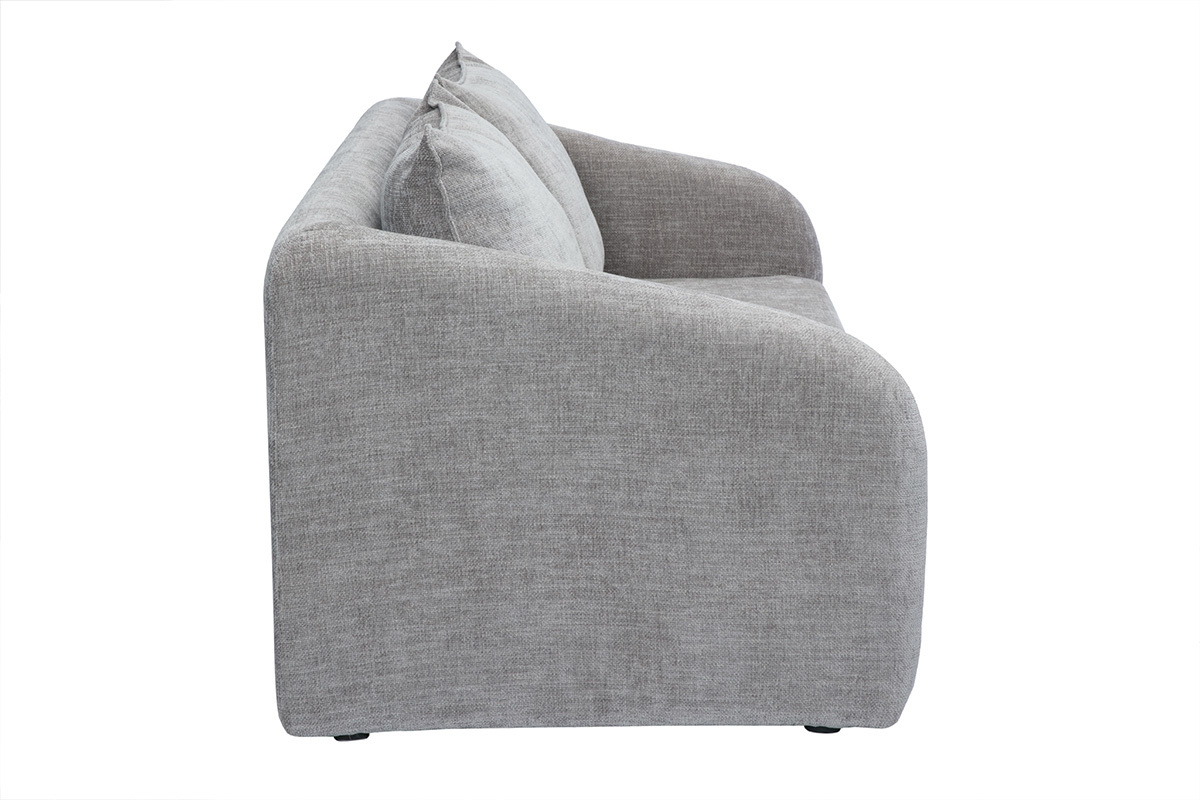 Canap� convertible 2 places gris, vue de c�t�, avec tissu effet velours textur�.