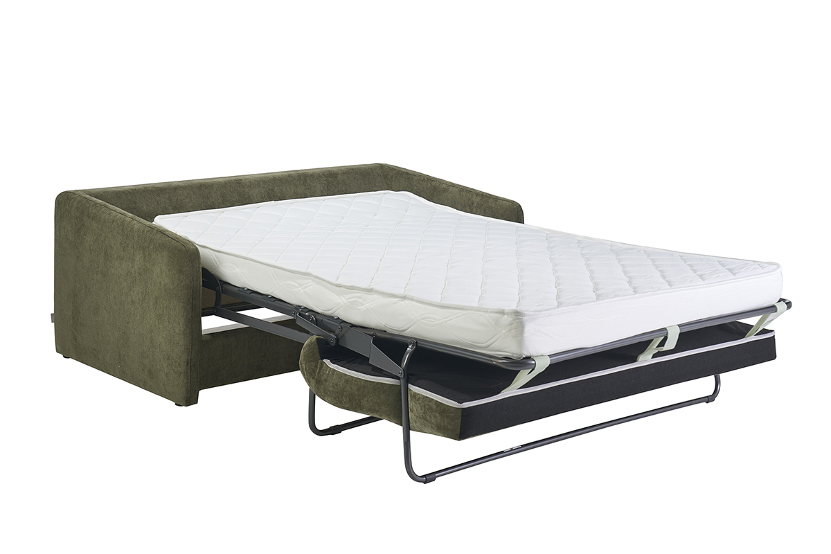 Canap� convertible 2 places vert kaki, vue 3/4 avec matelas d�ploy�.