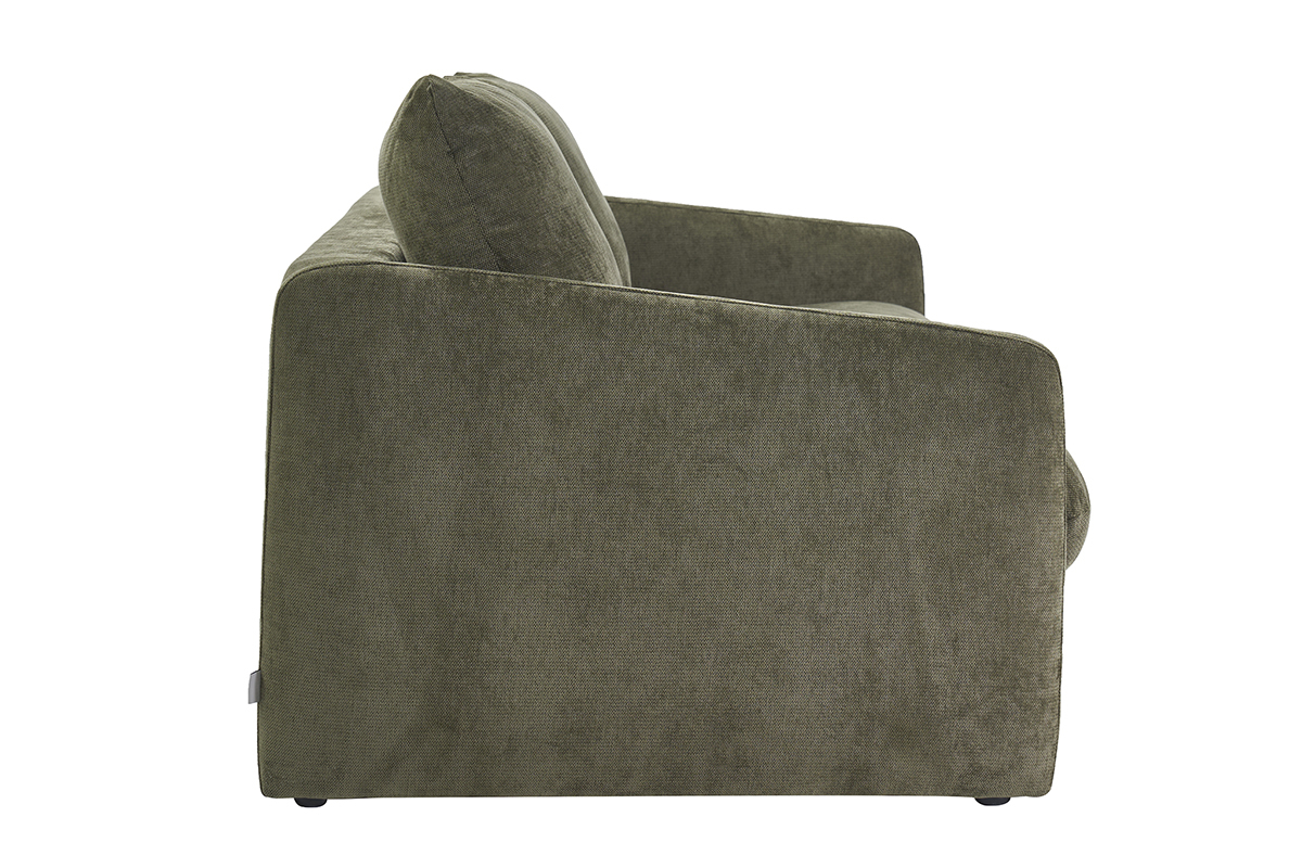 Canap� convertible 2 places en tissu effet velours textur� vert kaki, vue de profil.