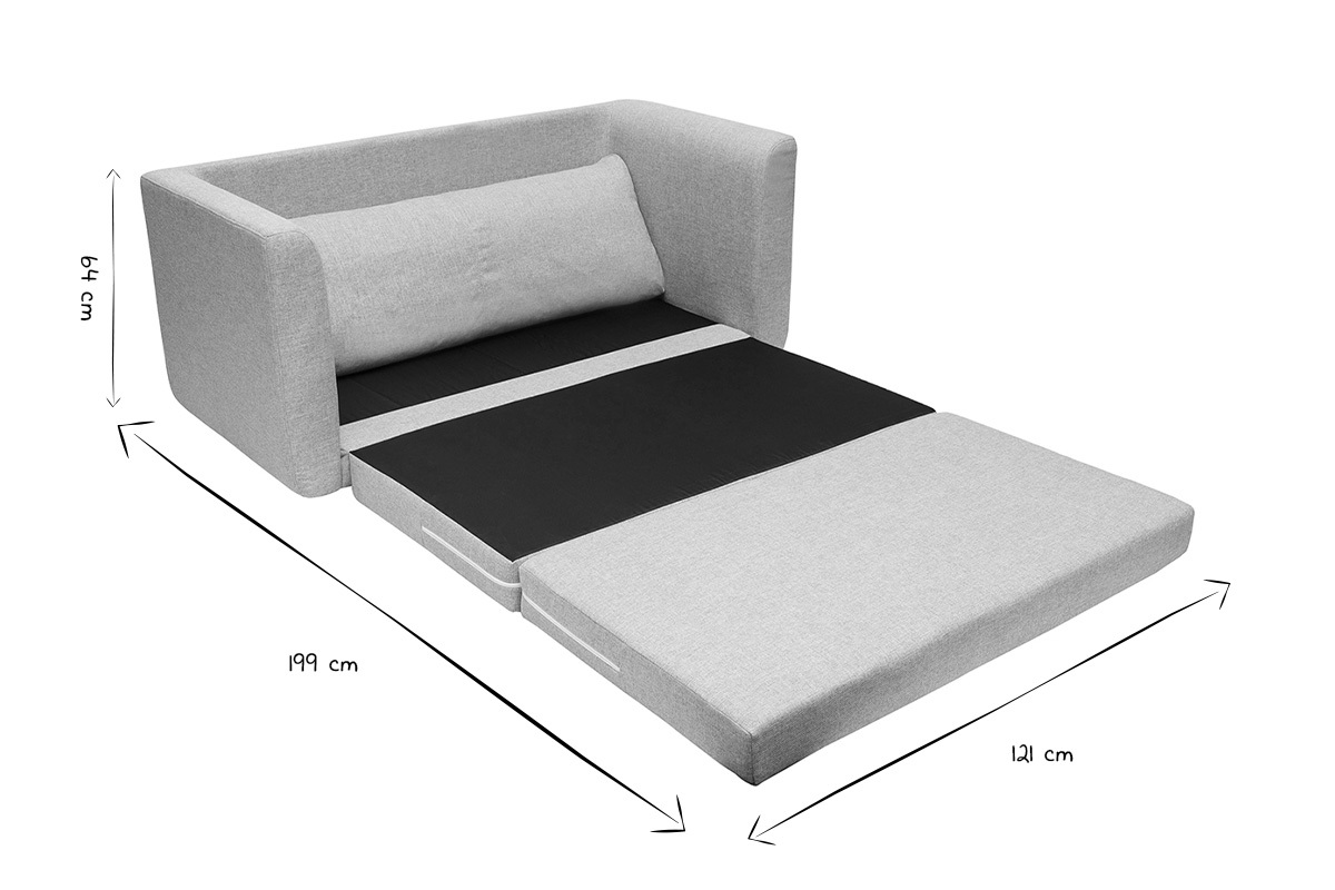 Canap� convertible 2 places gris clair LEON, d�pli� en lit, avec dimensions indiqu�es.