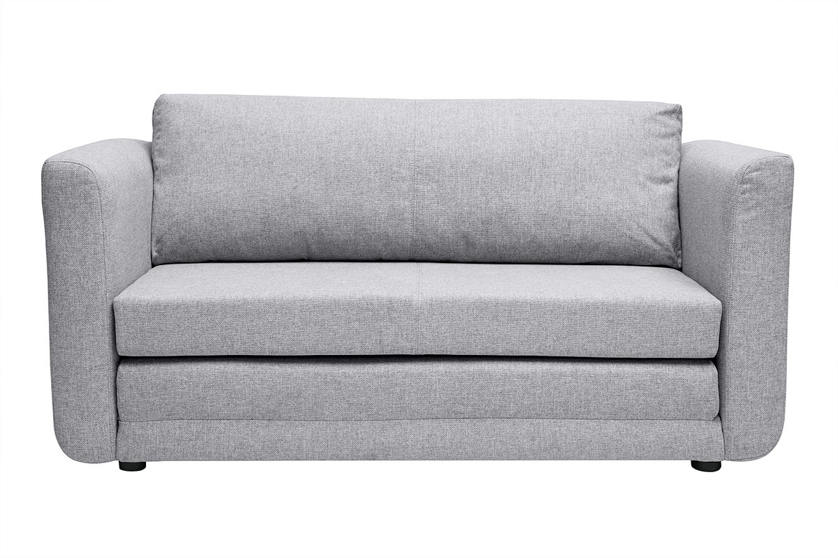Canap� convertible 2 places en tissu gris clair, vue de face.