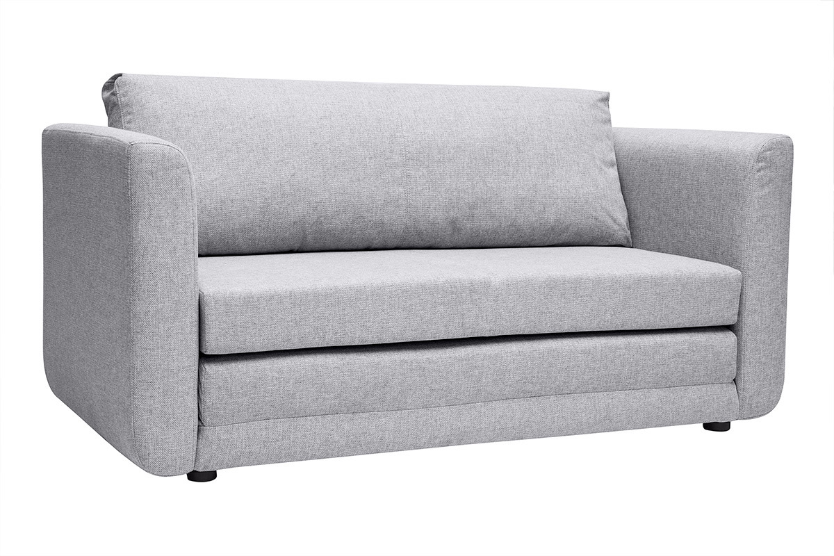 Canap� convertible 2 places en tissu gris clair, vue de 3/4.