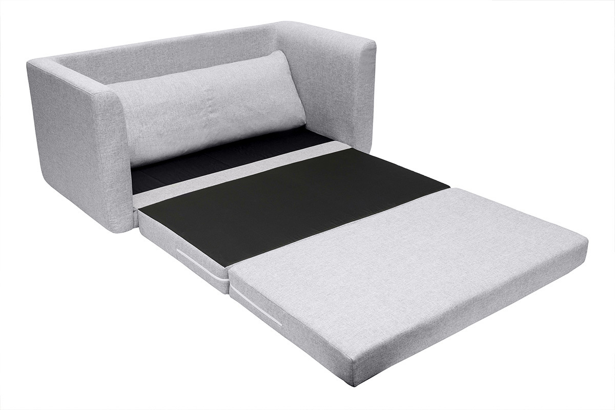 Canap� convertible 2 places gris clair, d�pli� pour lit, vue de 3/4.