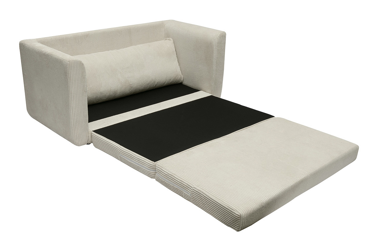 Canap� convertible 2 places en tissu velours c�tel� beige, vue de c�t� avec assise d�pli�e.
