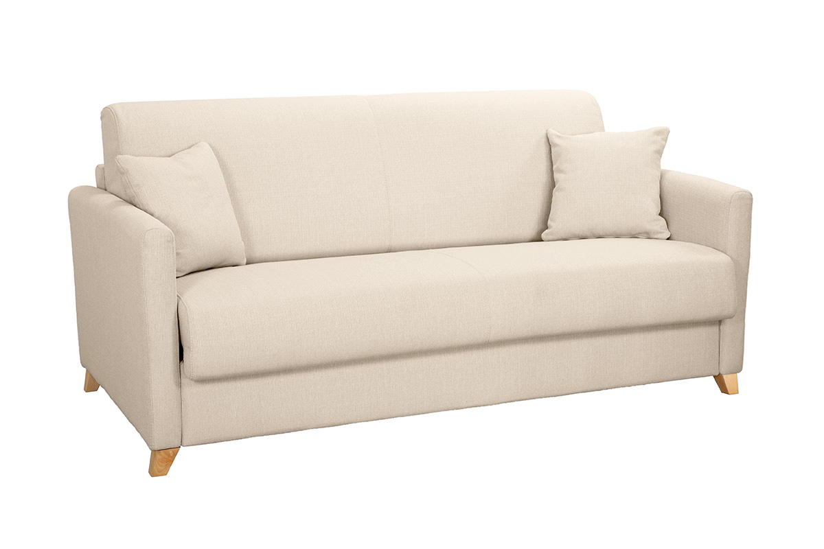 Canap� convertible 3 places en tissu beige et bois clair avec matelas 13 cm SKANDY