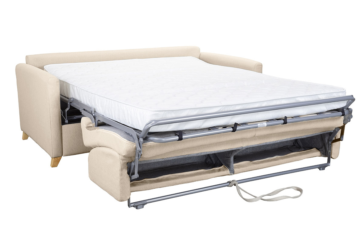 Canap� convertible 3 places en tissu beige et bois clair avec matelas 13 cm SKANDY