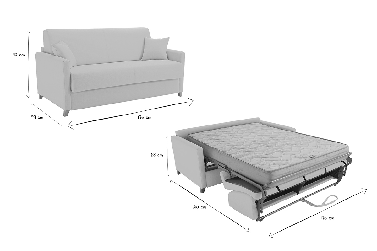 Canap� convertible 3 places en tissu beige et bois clair avec matelas 18 cm SKANDY