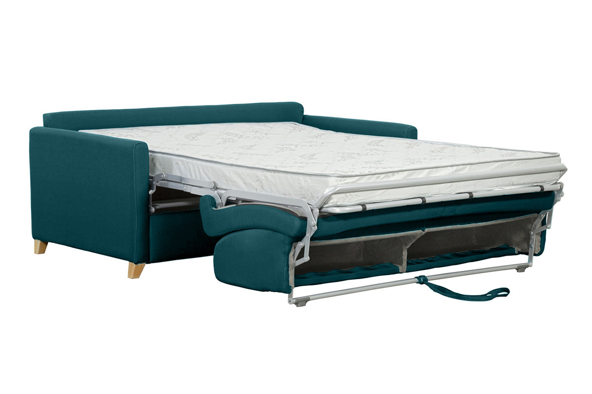 Canap� convertible 3 places en tissu bleu canard et bois clair avec matelas 13 cm SKANDY