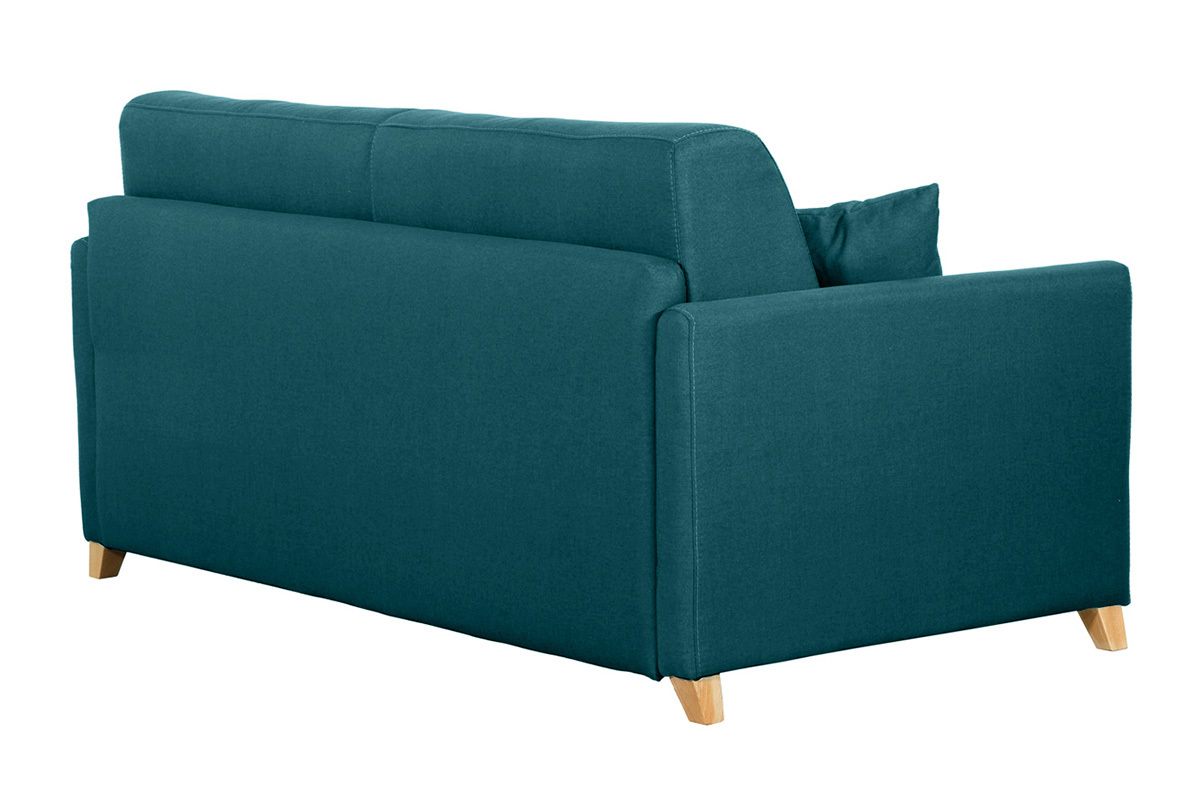 Canap� convertible 3 places en tissu bleu canard et bois clair avec matelas 13 cm SKANDY