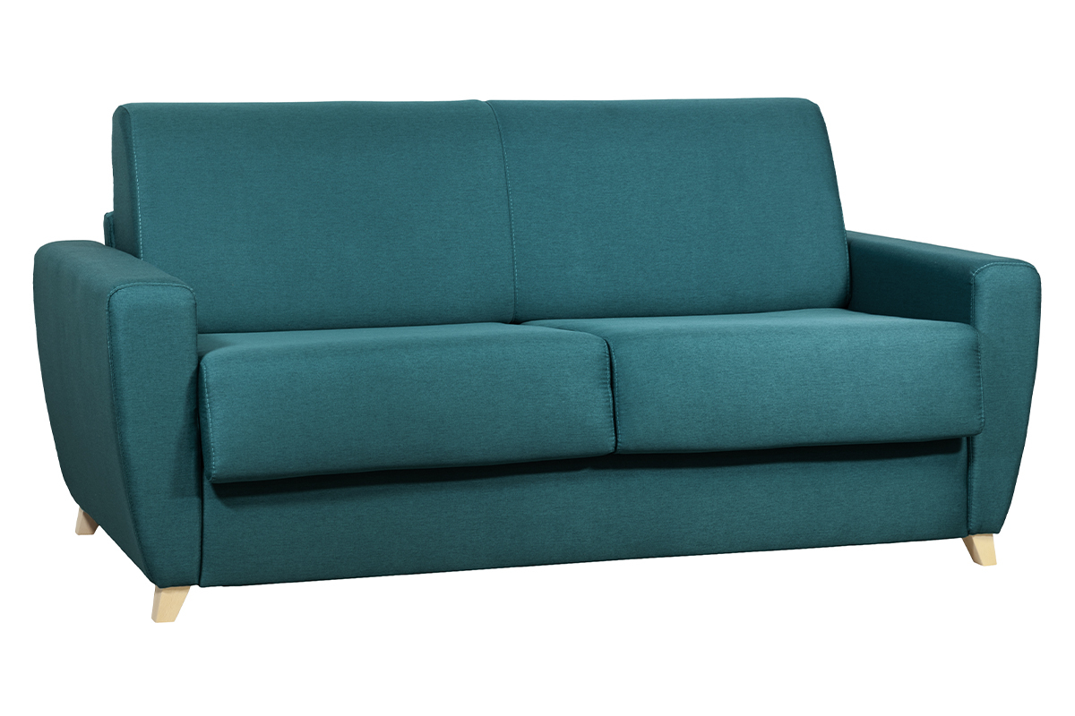 Canap� convertible 3 places en tissu bleu avec pieds en bois clair, vue de 3/4.