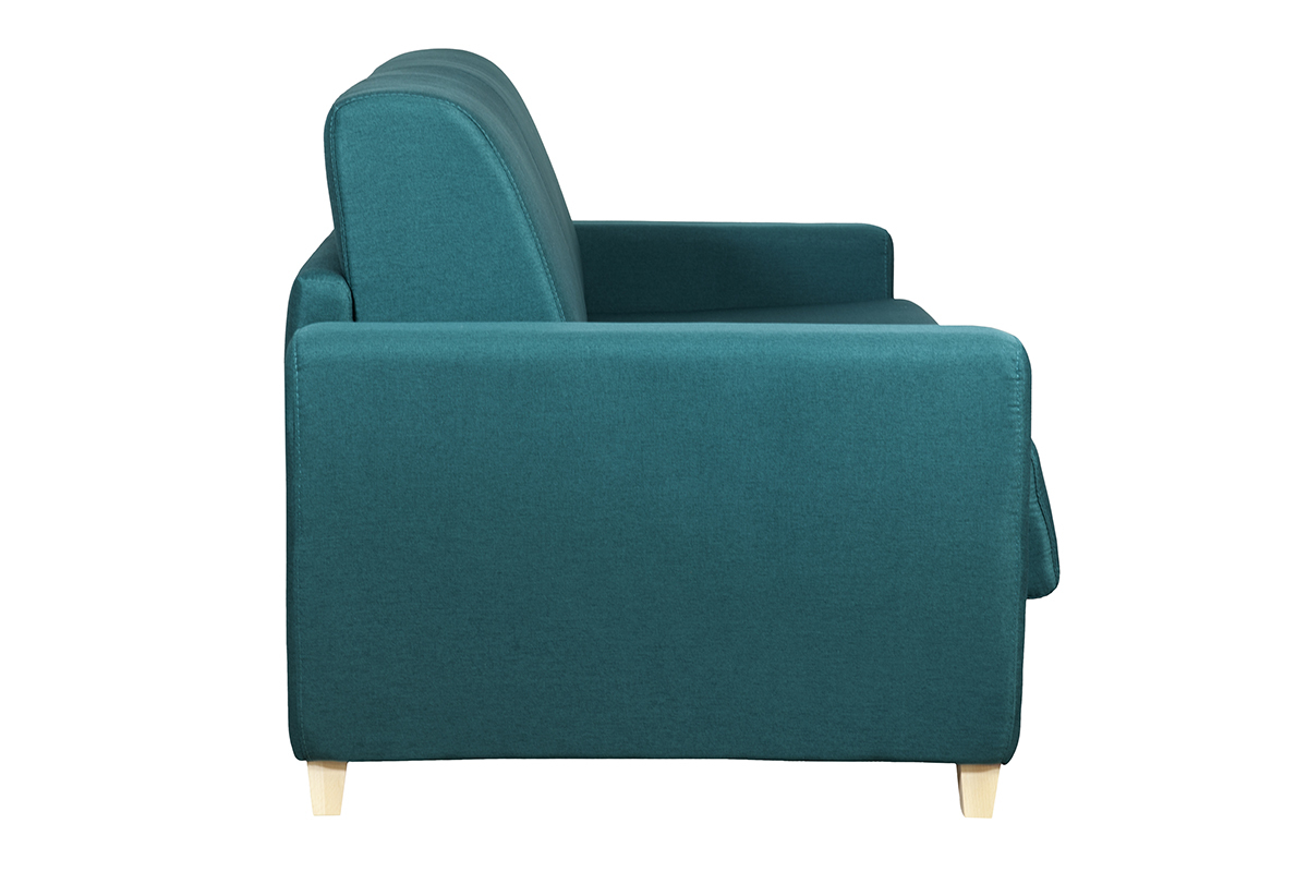 Canap� convertible bleu canard vu de c�t�, pieds en bois clair.